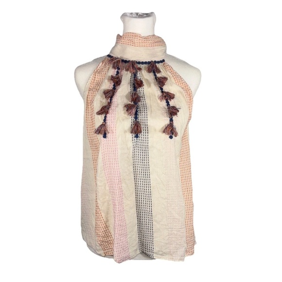 THML Anthropologie Boho Tank Top Embroidered Sz L Tassel Halter Gauze Sleeveless - Picture 1 of 14